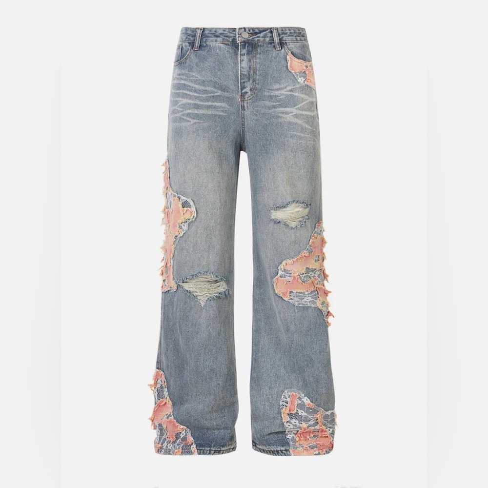 Aelfric Eden Distressed Lace Patchwork Baggy Wide Leg Jeans Size 29 NWT - Picture 5 of 15